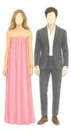 Ilustração de casal em traje social leve: ela de vestido longo rosa, ele de terno claro sem gravata